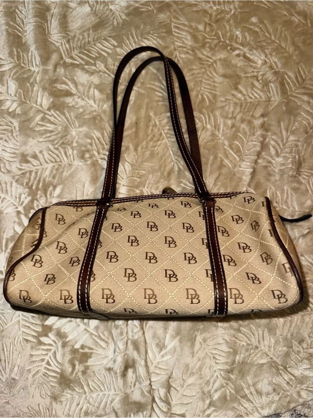 Dooney & Bourke Beige Logo Quilted Barrel Shoulder Bag with Brown Trim